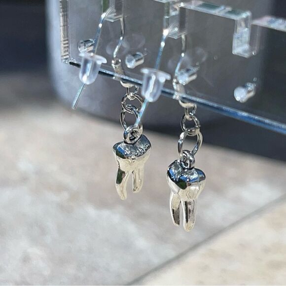 SIMPLE SILVER TOOTH FAIRY DROP EARRINGS - Picture 6 of 8